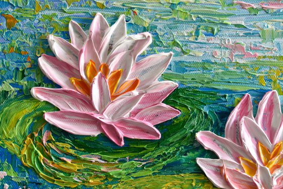 Water Lilies at the Park - Impasto Floral Art