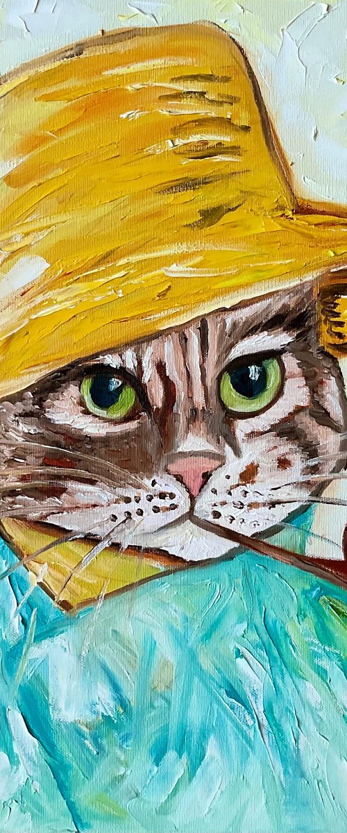 Cat La Vincent Van Gogh with a pipe. by his self portrait in a straw hat. by Olga Koval