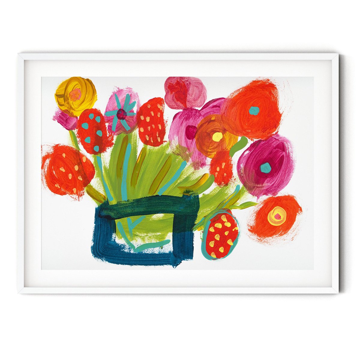 Expressive Botanical Acrylic Painting By Suzie Cumming, 23 X 17", Flowers In Blue Vessel, Original Artwork