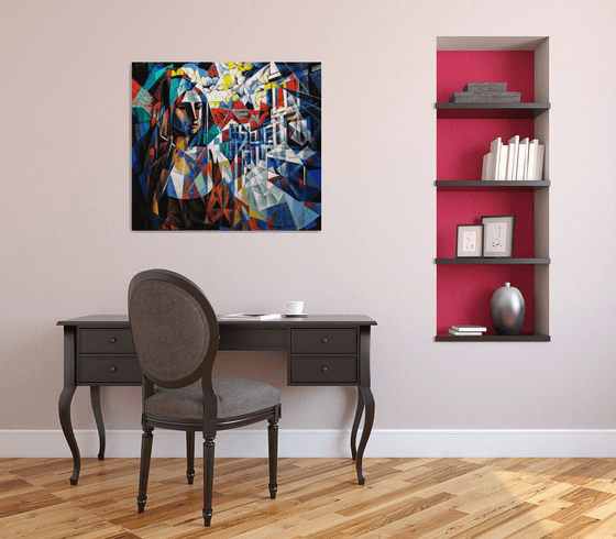 Waiting (90x80cm, cubism, oil painting, ready to hang)