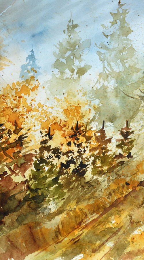 Autumnal path -watercolor by Pol Henry Ledent