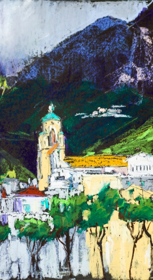 Amalfi. View from the sea. Cities of my dreams series. Medium oil pastel drawing bright colors italy by Sasha Romm