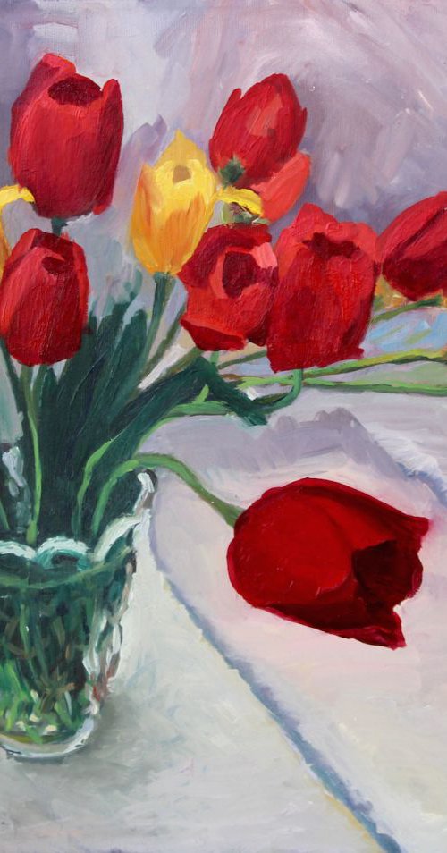 Still life 16 20" Oil painting-Original Tulips by Leo Khomich