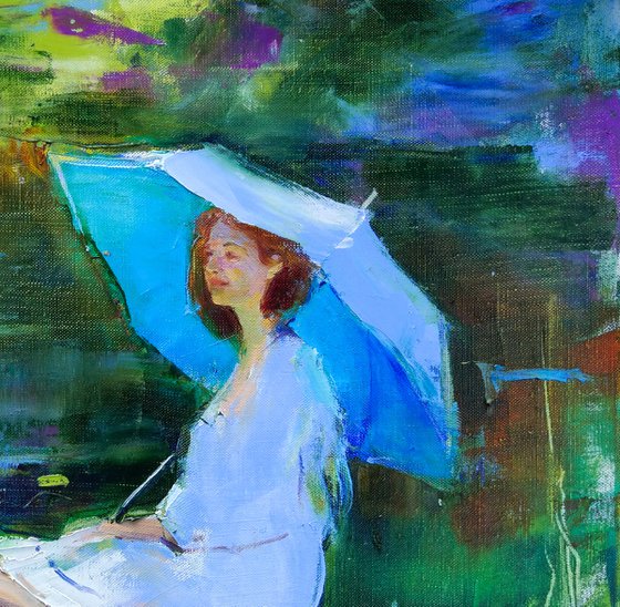 Summer day Girl with umbrella Original plein air oil painting .