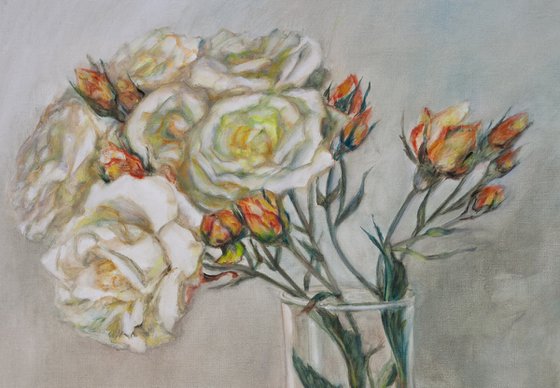 Garden Roses In A Glass Vase