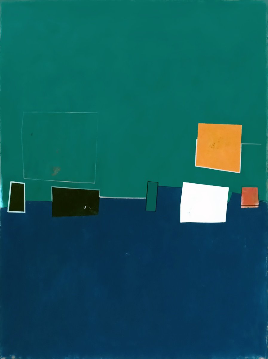 Abstract Acrylic Painting By Luis Medina, 22 X 30", Green And Blue Composition Iii, Original Artwork