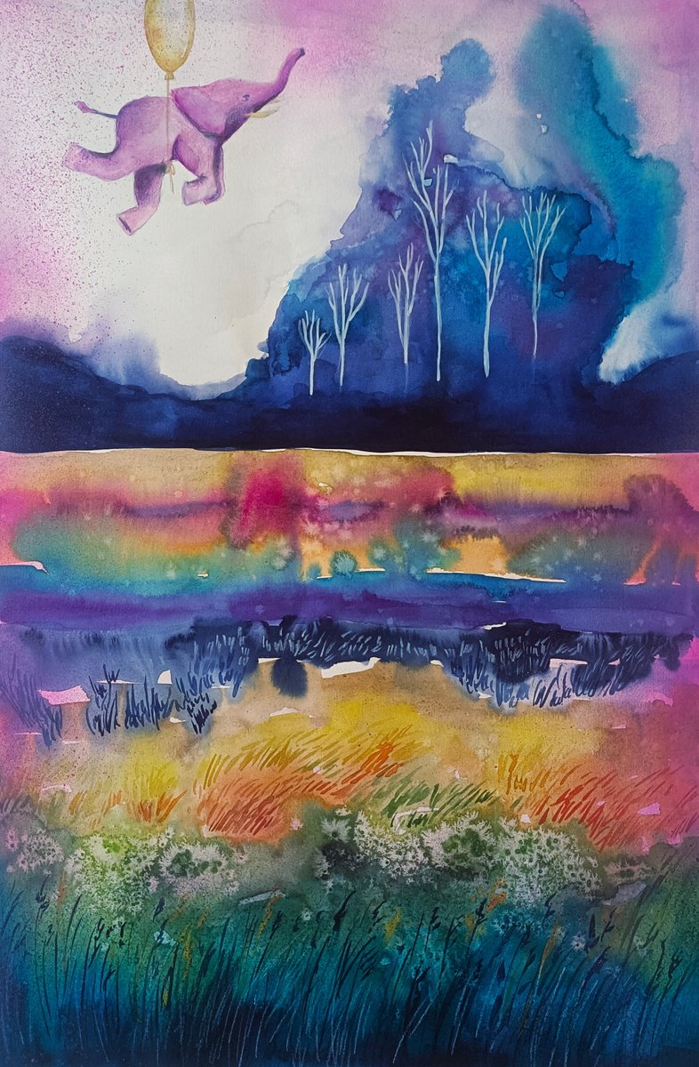 Surrealistic Landscape Painting By Evgenia Smirnova, 15 X 22, The Forest Of Flying Dreams, Original Artwork