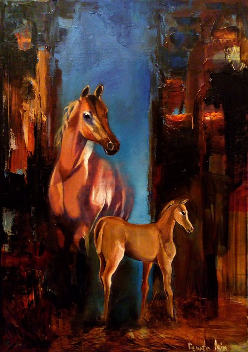 Horses Family  - Original Oil Painting by Reneta Isin