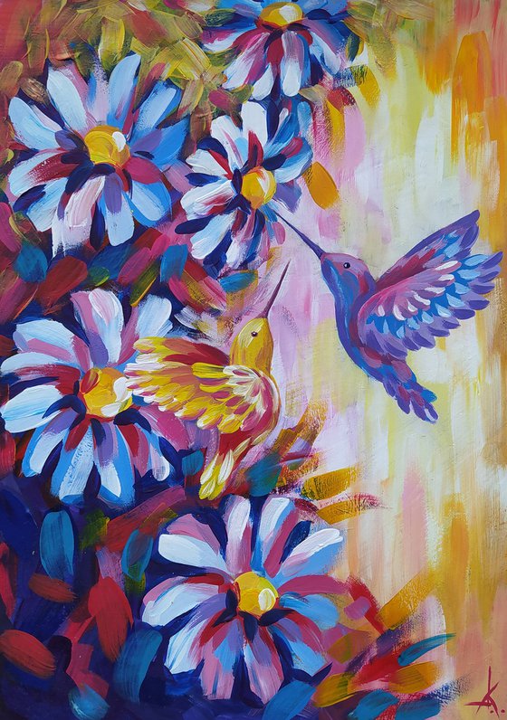 In flowers - birds, flowers and birds,painting, chamomile flowers, bouquet, acrylic painting, flower, painting original, flowers painting floral,art, gift, home decor
