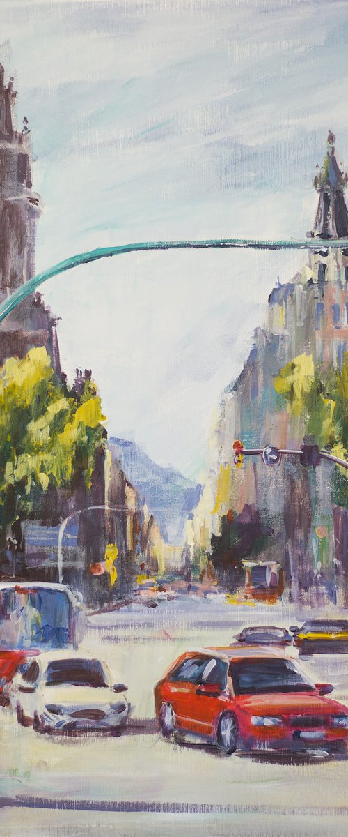 Trafic in Barcelona. Original acrylic painting from Spain, medium size, shadow and light in the city by Sasha Romm