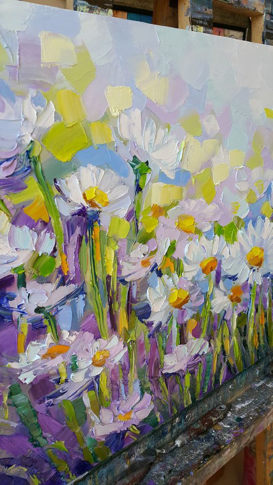 Daisies painting, Chamomiles flowers white daisies blooming original impasto oil canvas artwork