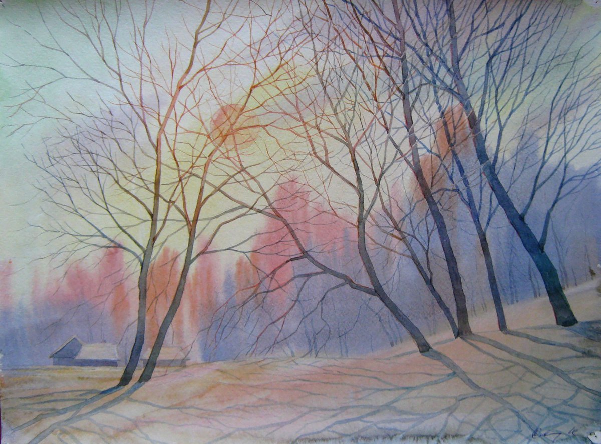 Impressionistic Landscape Watercolour By Valeriy Savenets-1, 16 X 12", Sunny Winter Morning, Original Artwork