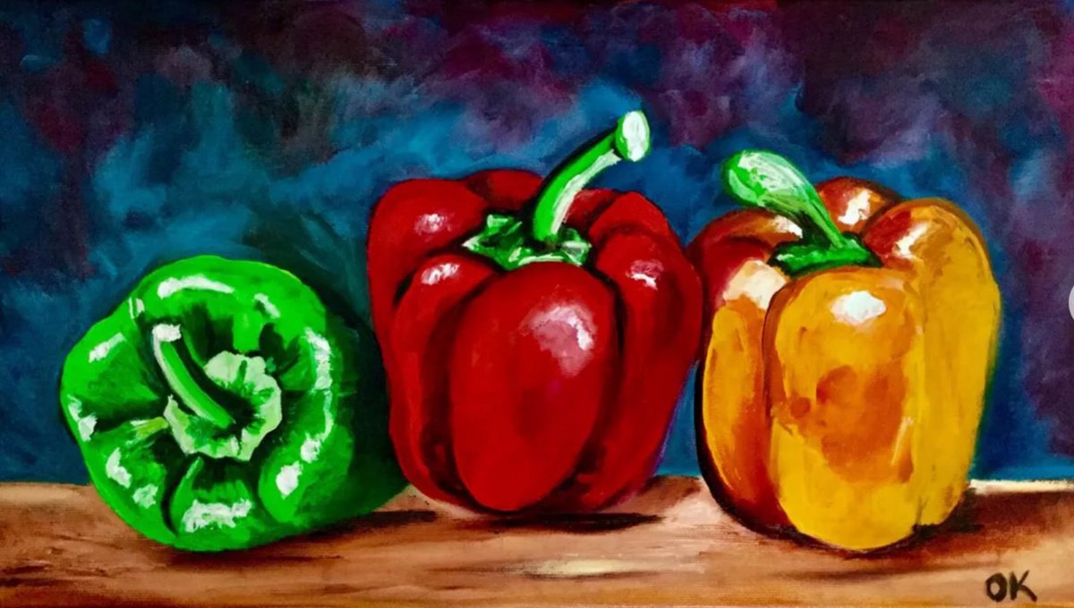 Expressive Still Life Oil Painting By Olga Koval, 18 X 10", Still Life With Peppers, Original Artwork