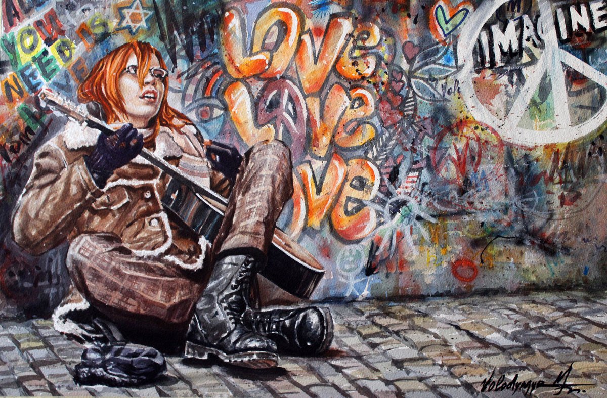 Illustrative Portrait Watercolour By Volodymyr Melnychuk, 22 X 14", Street Musician, Original Artwork