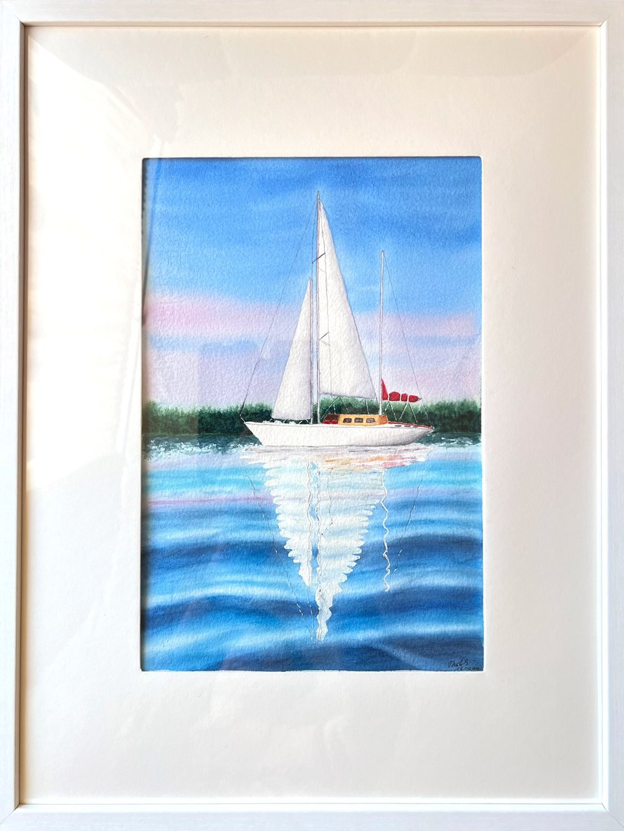 Photorealistic Landscape Watercolour By Tetiana Kovalova, 12 X 17", White Sailboat, Original Artwork