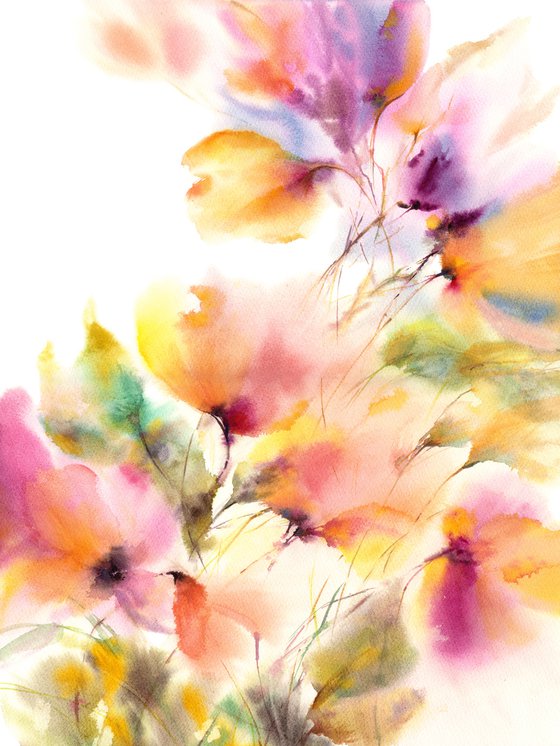 Colorful flowers, watercolor abstract florals