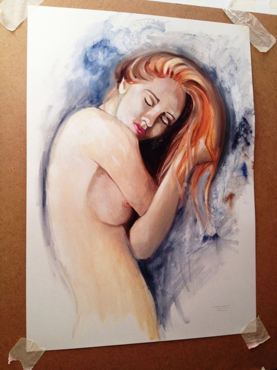 Red head - original painting - 42 x 59 cm (17' x 23')- modern nude oil /watercolor on paper