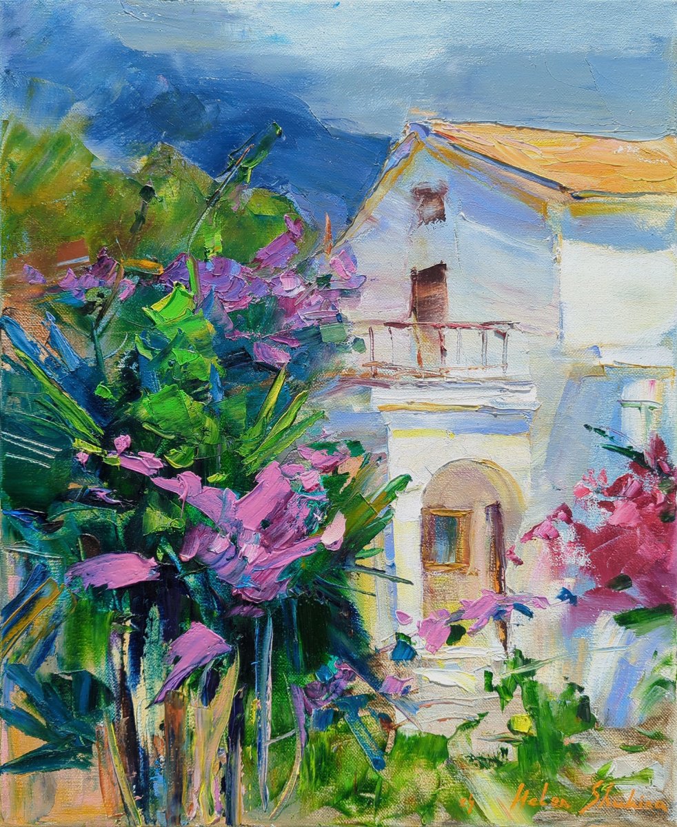 Impressionistic Landscape Oil Painting By Helen Shukina, 16 X 20, In The Sunny Garden. Croatia, Original Artwork