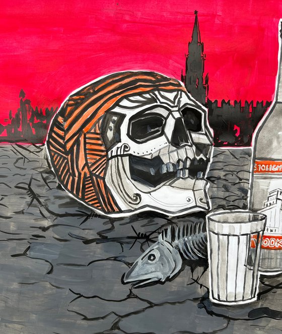 Vanya, vodka, a glass and a salmon, an original acrylic abstract