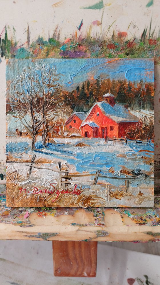 Snow Chrunch oil painting original, Winter landscape painting small art framed, Miniature painting guest gift