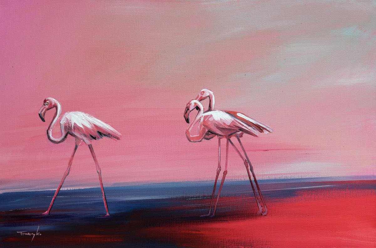 Impressionistic Animal Acrylic Painting By Trayko Popov, 24 X 16", Flamingos. Flamingoes. Fire Birds. Morning Walking. Landscape. Birds In The Water. Country. Autumn., Artfinder