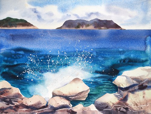 Mediterranean sea - original seascape watercolor by Delnara El
