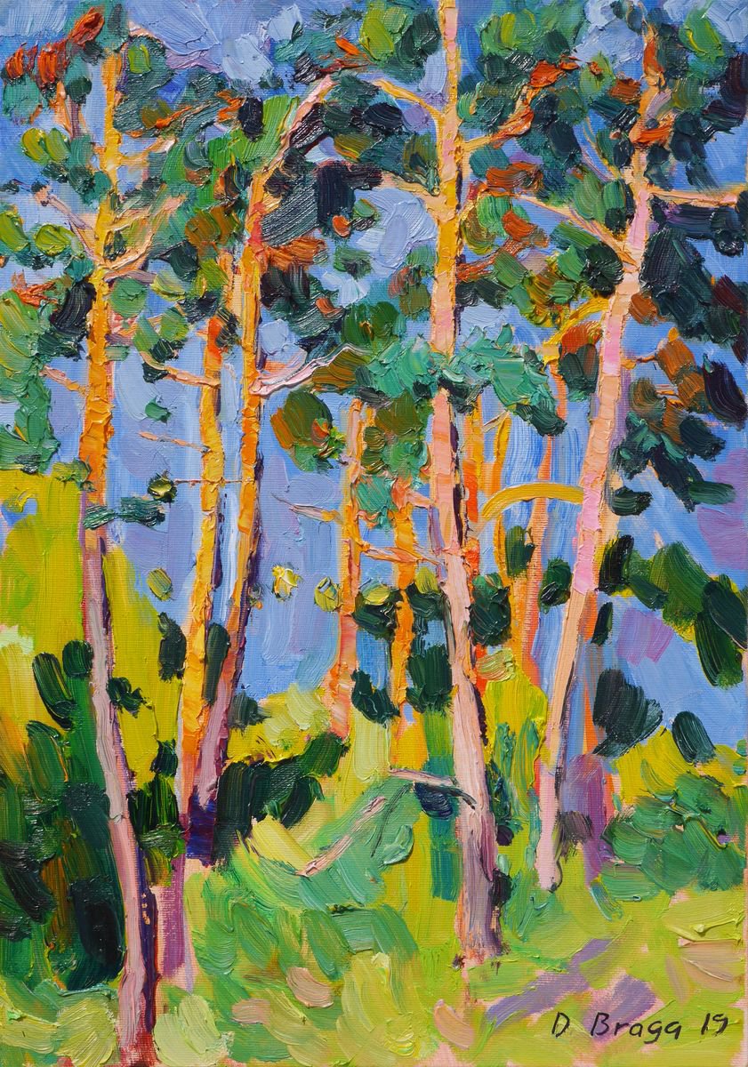 Impressionistic Landscape Oil Painting By Dima Braga, 14 X 20, Pinetrees, Evening (Plein Air), Original Artwork