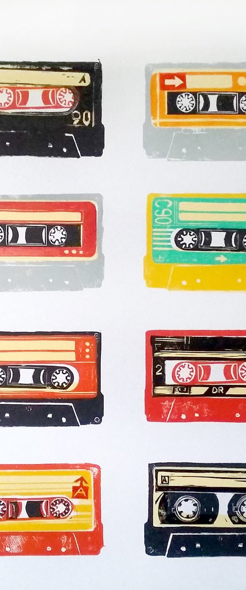 Linocut tapes #55 (cassette tapes, retro music, 70's, 80's rock culture) by Carolynne Coulson