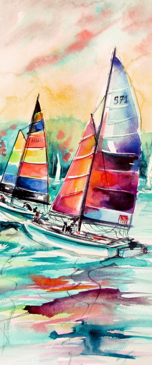 Wibrant sailboats on water by Kovács Anna Brigitta
