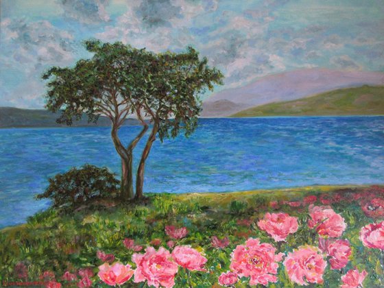 Summer breeze-Large Original Oil Painting Landscape Seascape Tree See Floral Field Hill Impressionism Modern Office Home Art Decor Painting  80x60 cm (31.5x23.6 in)