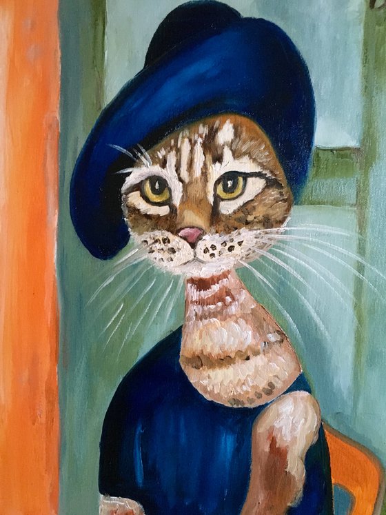 Cat Lady in a hat, Inspired by Amedeo Modigliani portrait Joanne Hebuterne