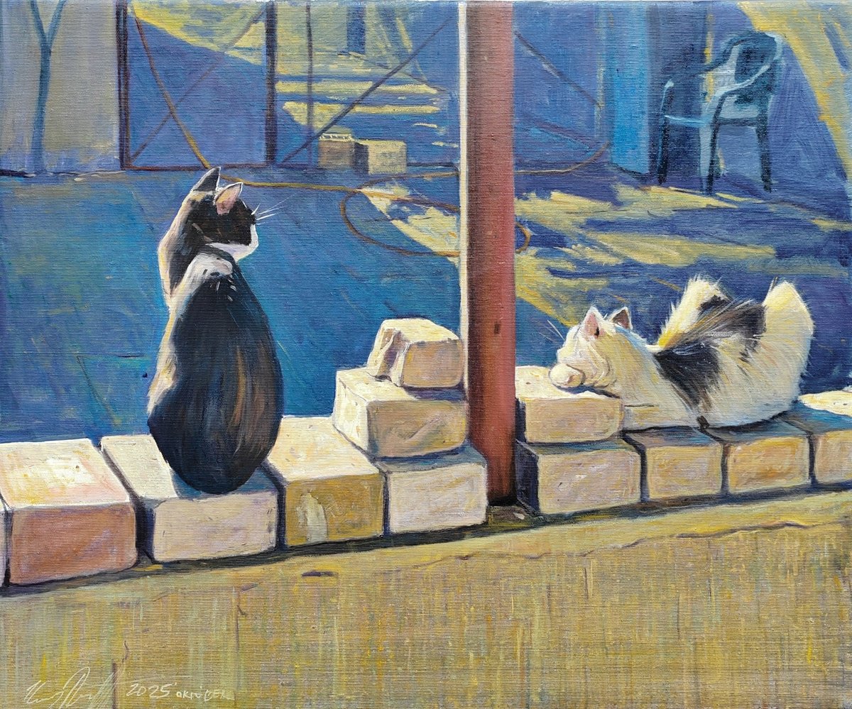 Photorealistic Animal Oil Painting By Robert Kormos, 24 X 20", The Rulers Of The Courtyard, Original Artwork