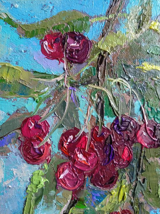Still life-cherry (17x34cm, oil painting, ready to hang)