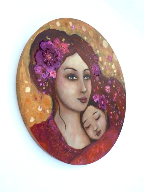 "Tendre mère-veilleuse  " acrylic  on round canvas 40cm