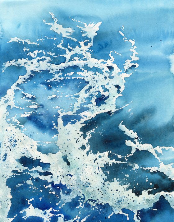 Sea waves on the coast. Original watercolor artwork.