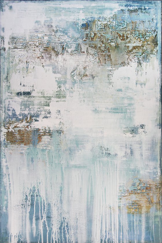A WINTERS TALE - 120 X 80 CMS - ABSTRACT ACRYLIC PAINTING ON CANVAS * LIGHT BLUE * WHITE