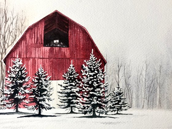 Red barn winter scene