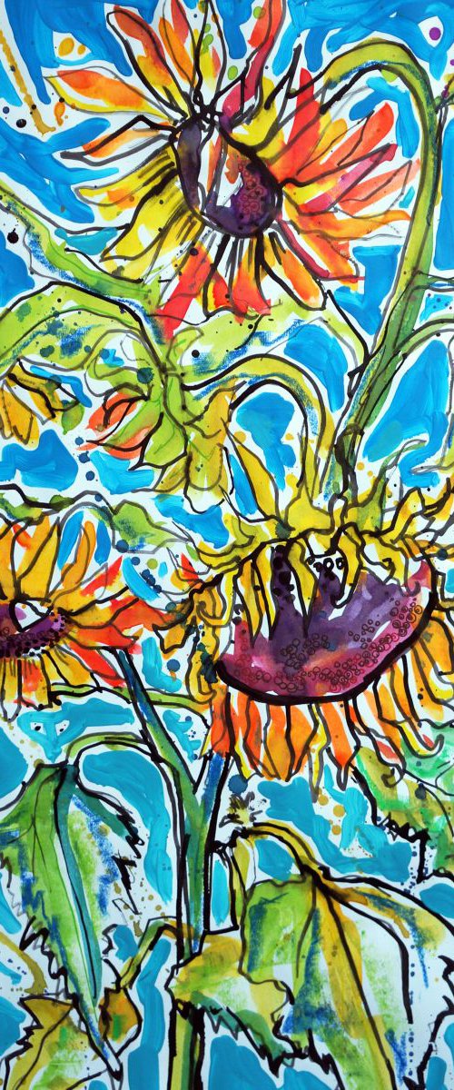 Sunflowers on Blue by Julia  Rigby