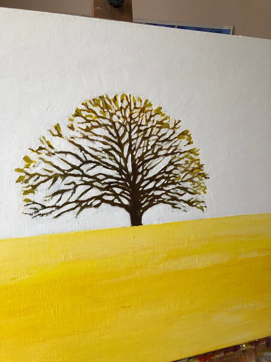 Lonely tree in yellow field, minimalist oil painting, tree of life