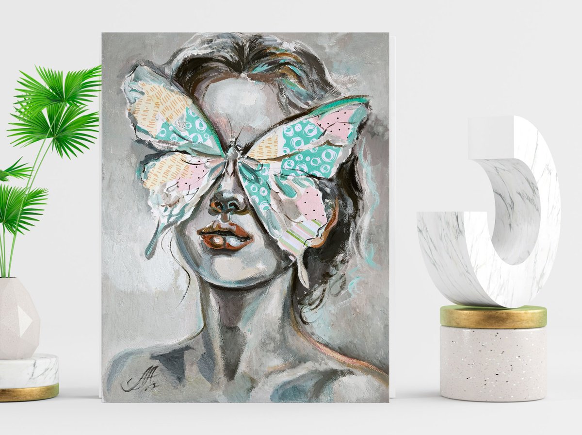 Impressionistic Portrait Oil Painting By Annet Loginova, 16 X 20, Portrait With Butterfly, Original Artwork