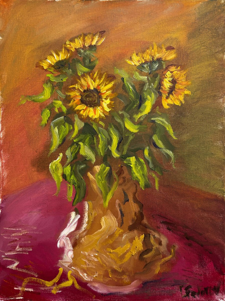 Impressionistic Botanical Oil Painting By Dmitry Fedorov, 12 X 16, Sunflowers Still Life, Original Artwork