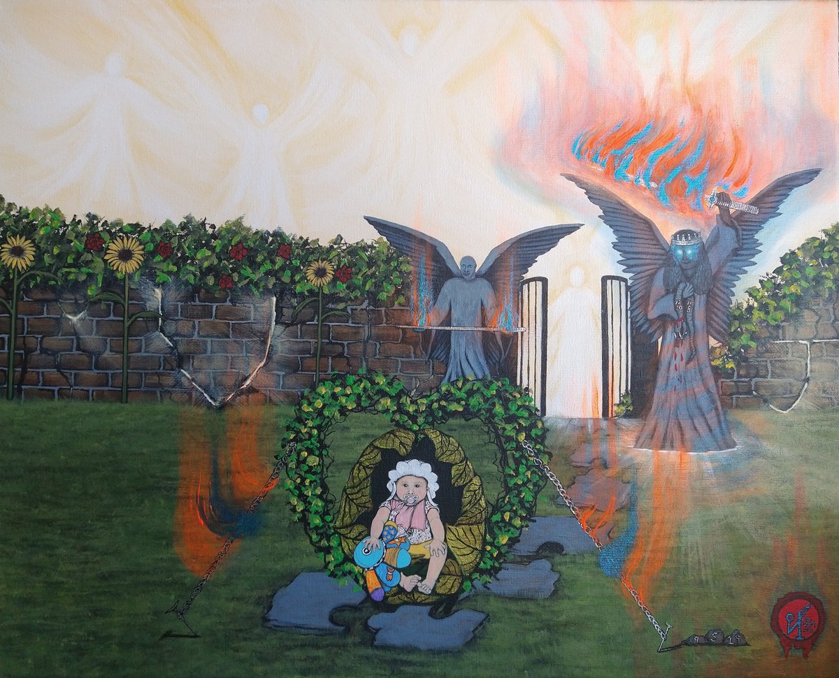 Surrealistic Portrait Acrylic Painting By Zoe Adams, 20 X 16", Arch Angels Army., Original Artwork