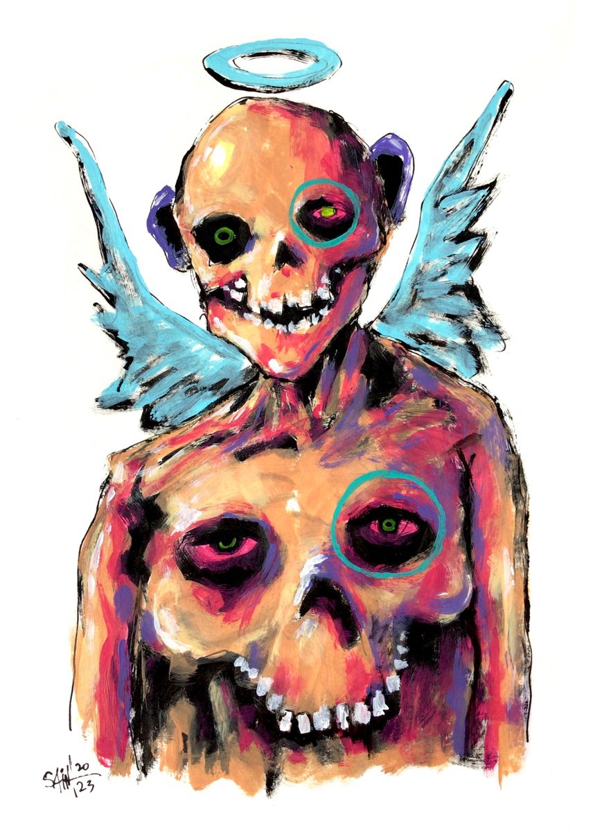 #138 Angel Zombie portrait painting original art, Horror Naive Outsider Folk Art Brut Stra... by Ruslan Aksenov