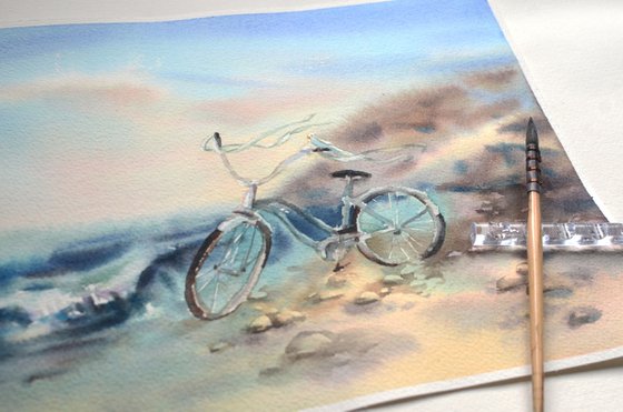 Bicycle by the sea, Watercolor painting