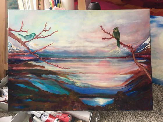 Magnolias - Geneva-Leman lake swiss landscape, original oil art painting on stretched canvas