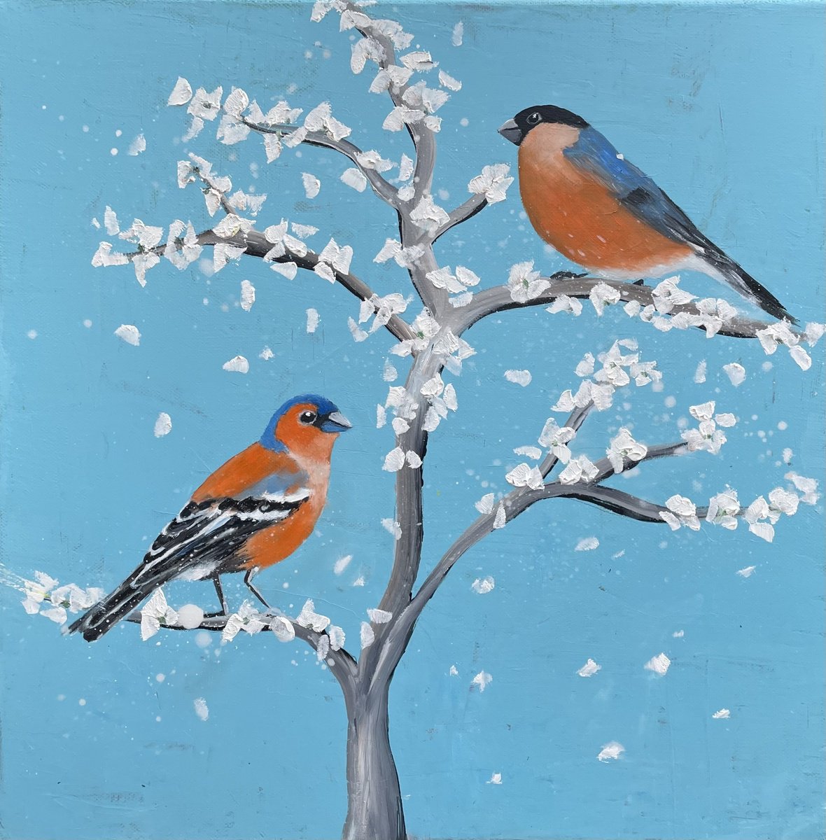 Spring Finches By Laure Bury, 16 X 16, Artwork For Sale On Artfinder