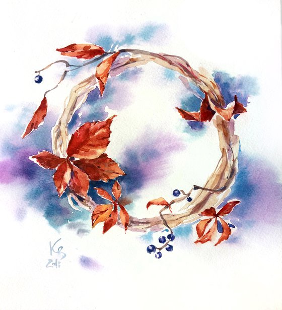 Autumn Leaves Wreath original watercolor artwork