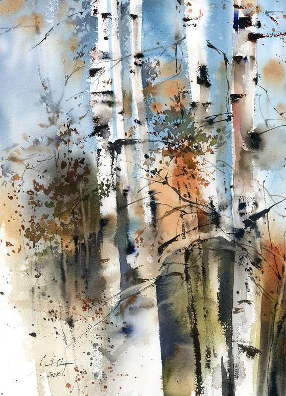 Birch Forest Landscape Nature Watercolor Painting, Trees Painting