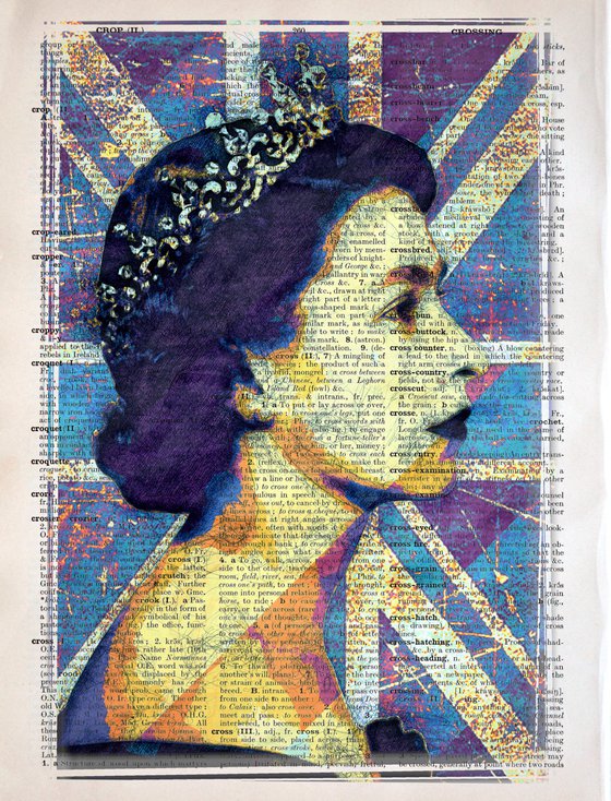 Queen Elizabeth II - The Union Jack - Collage Art on Large Real English Dictionary Vintage Book Page