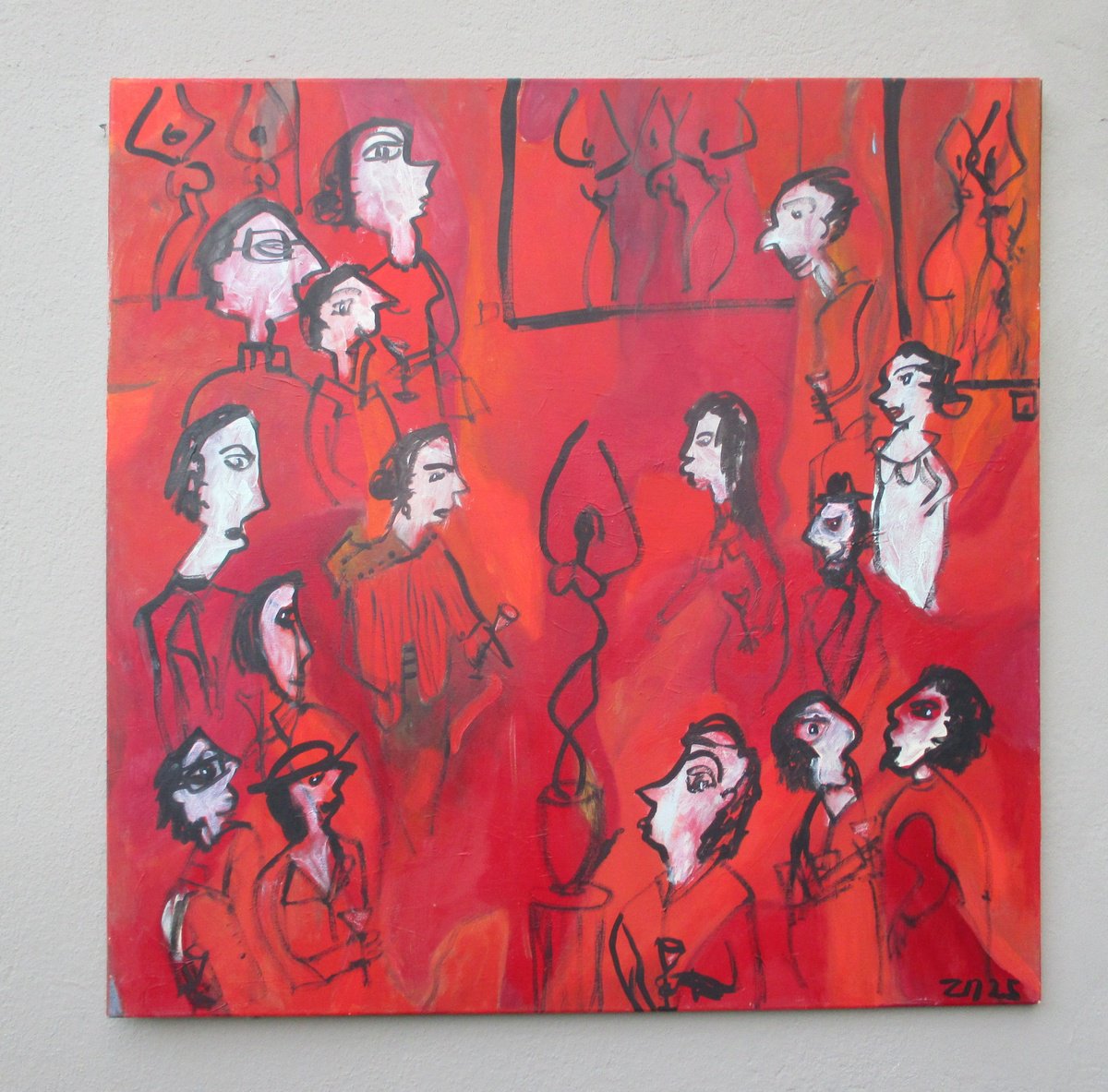 Expressive Portrait Oil Painting By Sonja Zeltner-Muller, 39 X 39", People In Gallery 1, Original Artwork